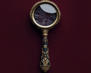 A magnifying glass with a gold and black color scheme on a deep burgundy background 