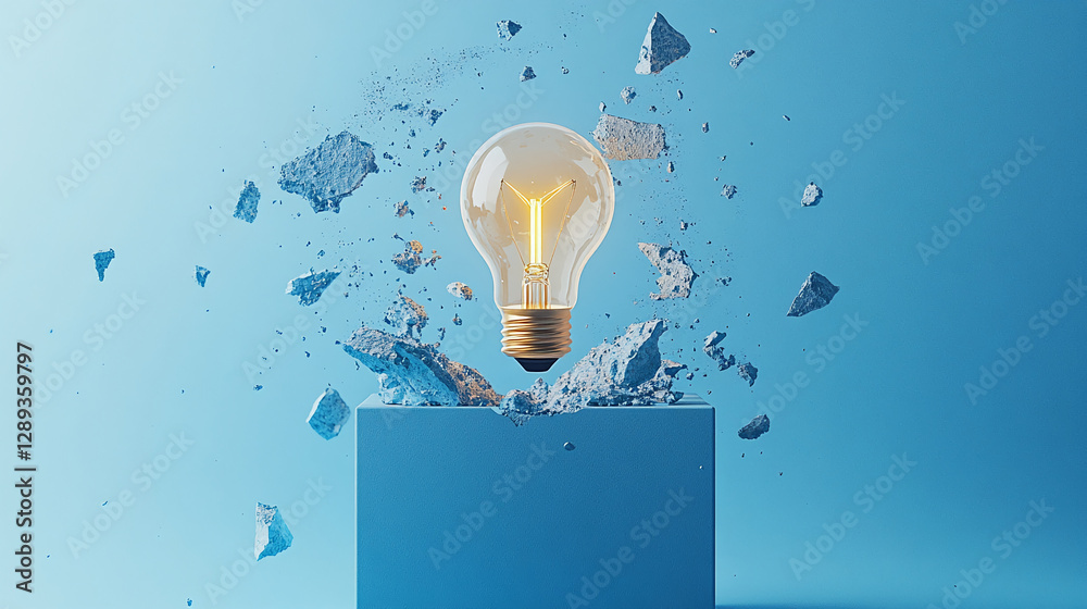 Poster a lightbulb floating and exploding, with debris scattering around, representing the concept of creat
