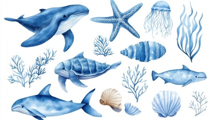 Watercolor illustration of ocean creatures and marine plants