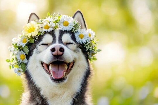 Sunny daylight. Cute baby dog siberian husky wearing free flower circlet on its head. Summertime happiness. Cute puppy in a blooming field. Puppyâ€™s playful summer moment. Happy little puppy.