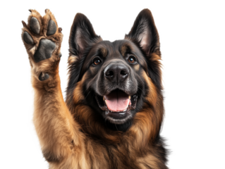 A cheerful German Shepherd raises its paw, displaying an inviting and friendly expression. Dog is isolated on transparent background