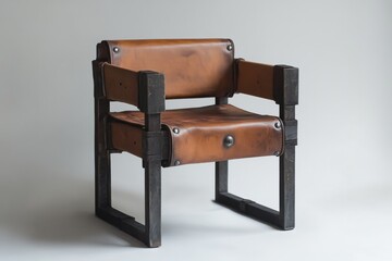 Studio shot of a modern armchair featuring a combination of leather and metal, showcasing contemporary furniture design