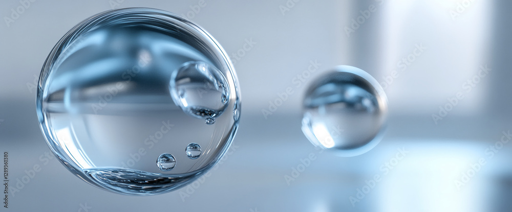Poster close-up image of transparent water droplets floating on a smooth surface, symbolizing purity, clari