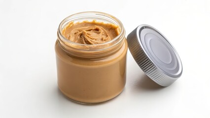 Peanut Butter in Glass Jar on White Background