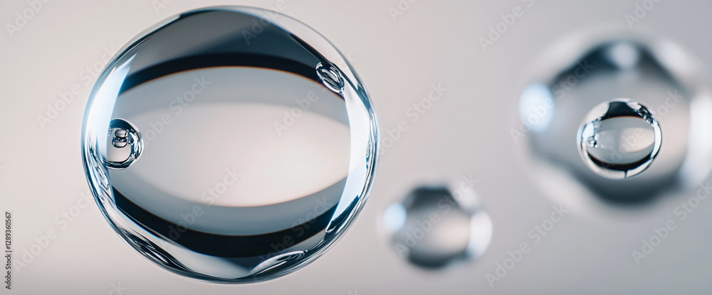 Poster close-up image of water droplets in mid-air, reflecting light and floating on a smooth surface, symb