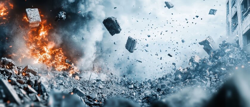 爆風に巻き込まれる建物の残骸と煙の中の混乱