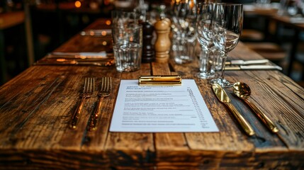 Rustic Restaurant Table Menu Wine Glasses