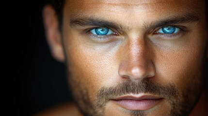 Obraz premium The subject showcases captivating blue eyes and a defined jawline, conveying intensity and depth. The lighting enhances facial features, creating a dramatic effect