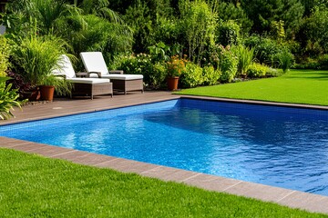 A backyard sanctuary featuring a beautifully designed pool with blue water and tropical surroundings.