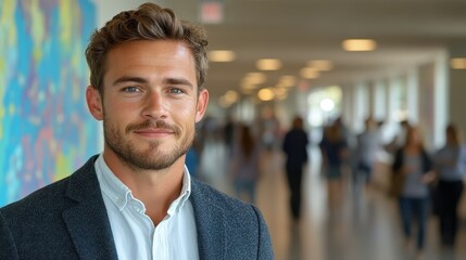 Obraz premium A young man with a beard and stylish attire poses for a portrait in a sleek office corridor filled with blurred colleagues. Natural light enhances the contemporary atmosphere