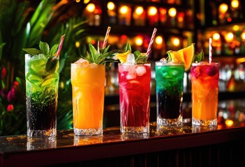 vibrant close exquisite colorful iced cocktails showcasing sublime ice garnishes refreshing drink variations, beverage, mixology, glass, refreshment, summer