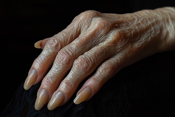 Fototapeta premium Wrinkled hand of elderly woman with long fingernails resting on a black background