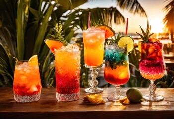 captivating display vibrant iced cocktails formed colorful glassware highlighting lively hues refreshing ingredients, beverage, refreshment, drink, fruit