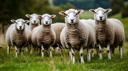 Fototapeta premium Flock of sheep on green grass grazing in the hills