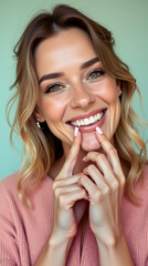 Portrait of a young woman with blonde wavy hair and bright eyes, smiling confidently as she points to her white smile. Smiling woman pointing at her smile in front of a pastel-colored background.
