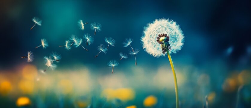 A vibrant dandelion sways in the breeze, its seeds freely floating away, set against a dreamy backdrop of soft blues and greens. - Powered by Adobe