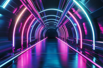 Vibrant, neon-lit hallway with a sleek and reflective floor. A high-tech cyberpunk tunnel with a futuristic glow