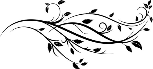 Decorative Swirls and Leaves Branch Black silhouette 