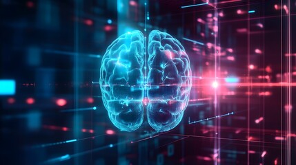 Obraz premium Futuristic Brain Machine Interface in Neon Cyberspace Visualization