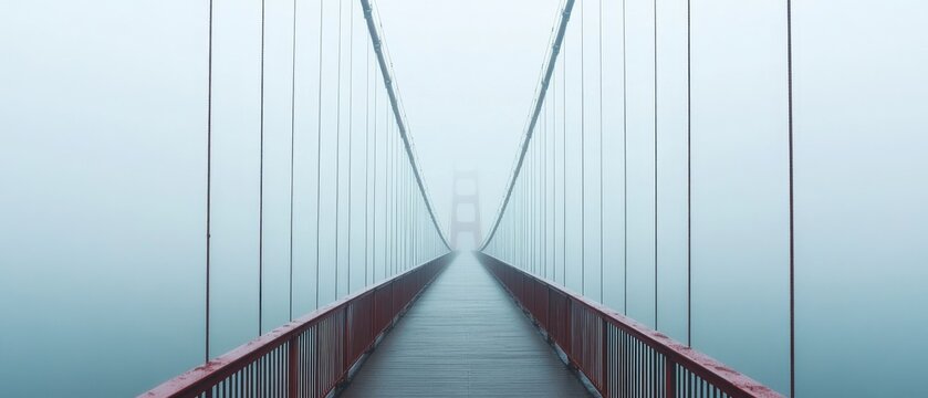 A suspension bridge fades into dense fog, creating a mysterious scene where architecture meets nature’s veil. - Powered by Adobe