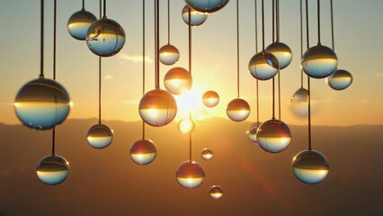 Beautiful glass droplets reflecting sunlight during sunset.