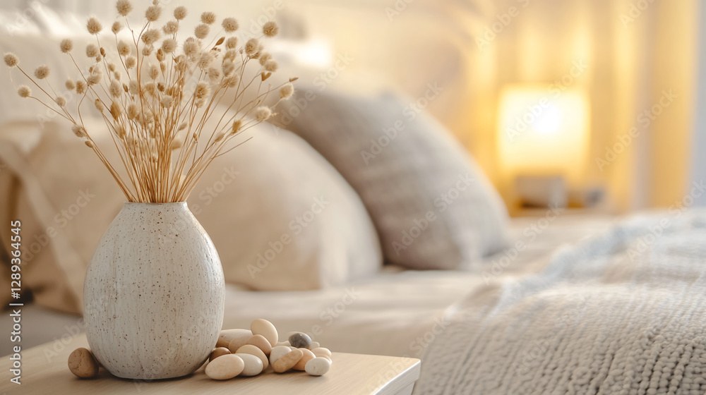 Poster a close-up shot of a minimalistic interior with a dried flower arrangement in a vase and smooth ston