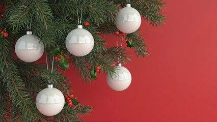 Stylish Christmas ornaments hanging from a pine branch.