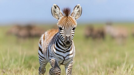 Baby zebra foal runs toward camera, African savanna background, wildlife photography