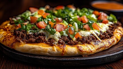 Close-up view of taco pizza with lettuce tomatoes cheese and seasoned beef on top. Generative AI