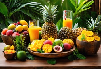colorful vibrant fruit display surrounded refreshing fresh juice bottles tropical ingredients, rainbow, lgbtq, lgbt, pride, love, equality, apple, banana