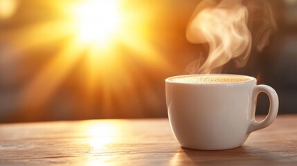 A steaming cup of coffee with sun rays in the background creating a warm ambiance. Generative AI