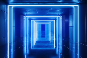 Abstract blue neon tunnel with glowing geometric symmetry. A futuristic sci-fi-inspired passageway with digital aesthetics