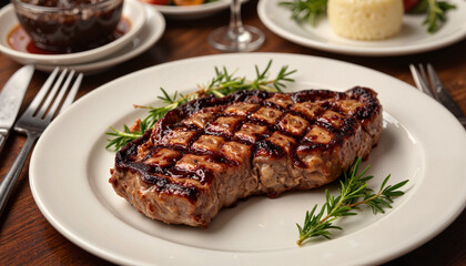 Grilled steak with rosemary on white plate