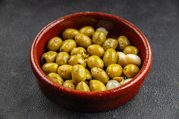 olives mediterranean snack garlic aperitif fresh tasty food dish gourmet food background on the table rustic food top view copy space vegetarian and vegan food