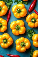 Fototapeta premium Ripe yellow bell peppers on a bold blue background, ideal for organic food, vegan diets, and healthy lifestyle concepts.