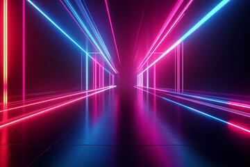Vibrant neon-lit tunnel with an immersive perspective. A glowing pink and blue futuristic passageway with a cyberpunk feel