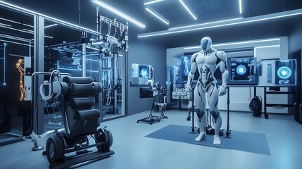 Fototapeta premium Futuristic Cybernetic Enhancement Lab with Advanced AI Powered Machinery and Digital Interfaces