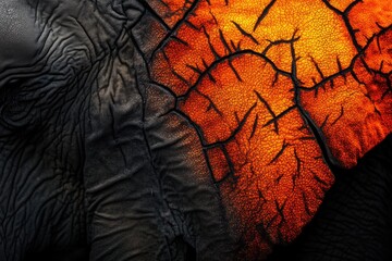 Close-up of an elephant's textured skin, half glowing orange, showcasing its intricate wrinkles and patterns.