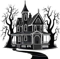 Fototapeta premium Haunted House Silhouettes, Spooky Gothic Mansion Halloween Vector Art. 