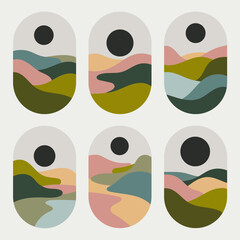 Fototapeta premium A set of abstract geometric landscapes featuring curved and layered elements. Ideal for modern art prints, posters, and creative backgrounds.