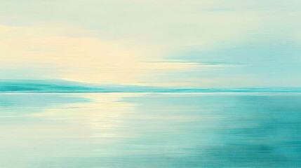 Obraz premium Serene coastal sunrise landscape painting, tranquil ocean, soft pastel colors, peaceful background, ideal for calming decor
