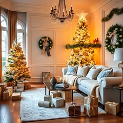 Elegant Christmas Living Room with Decorated Tree and Gifts