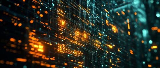 An intricate array of glowing digital circuits pulses with vibrant orange and teal lines, showcasing the complexity and beauty of technology.