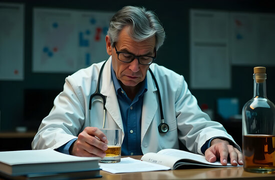 A tired or uspet middle aged dark-haired with gray hair doctor in an unbuttoned white lab coat holding a glass of whiskey with ice cubes. Emotional burnout. Paperwork 