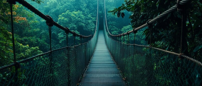 Fototapeta A rope bridge stretches over lush jungle, promising adventure and the unknown.
