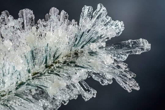 Close-up of a pine branch intricately adorned with ice crystals, showcasing stunning winter details. - Powered by Adobe
