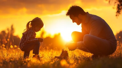 Father and Daughter Enjoying a Peaceful Moment in Nature During Sunset While Learning to Tie Shoes. Generative AI