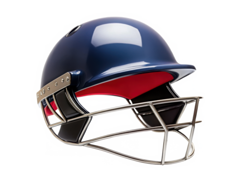 Blue Cricket Helmet with Protective Grill isolated on white background as transparent. PNG.