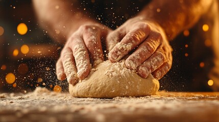 A close-up of hands kneading dough on a kitchen counter dusted with flour in a cozy home setting. Generative AI