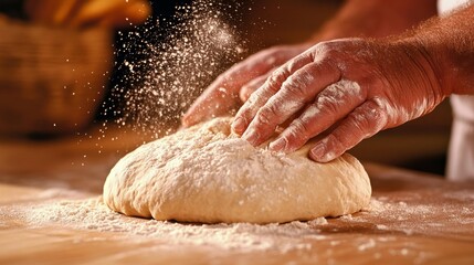 A close-up of hands kneading dough on a kitchen counter dusted with flour in a cozy home setting. Generative AI